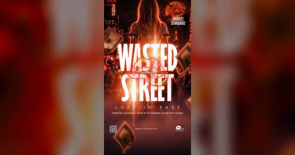 Flyer de Wasted Street, fiesta de Halloween de octubre en Club Fase II, El Poblado, Medellín